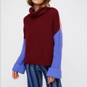 Free people Turtleneck Colorblock Sweater - Burgundy, Periwinkle, Pink